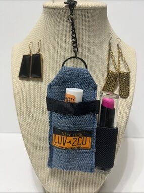 Gift Set Double Denim Lipstick Lip Balm Holder Keychain New York 2 pr Earrings